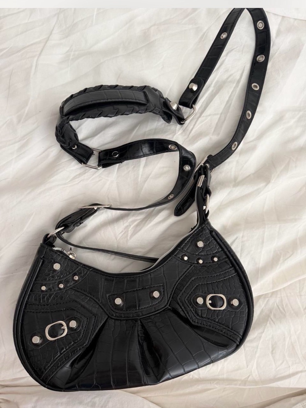 Black Croc-Embossed Crescent Shoulder Bag with Silver Hardware